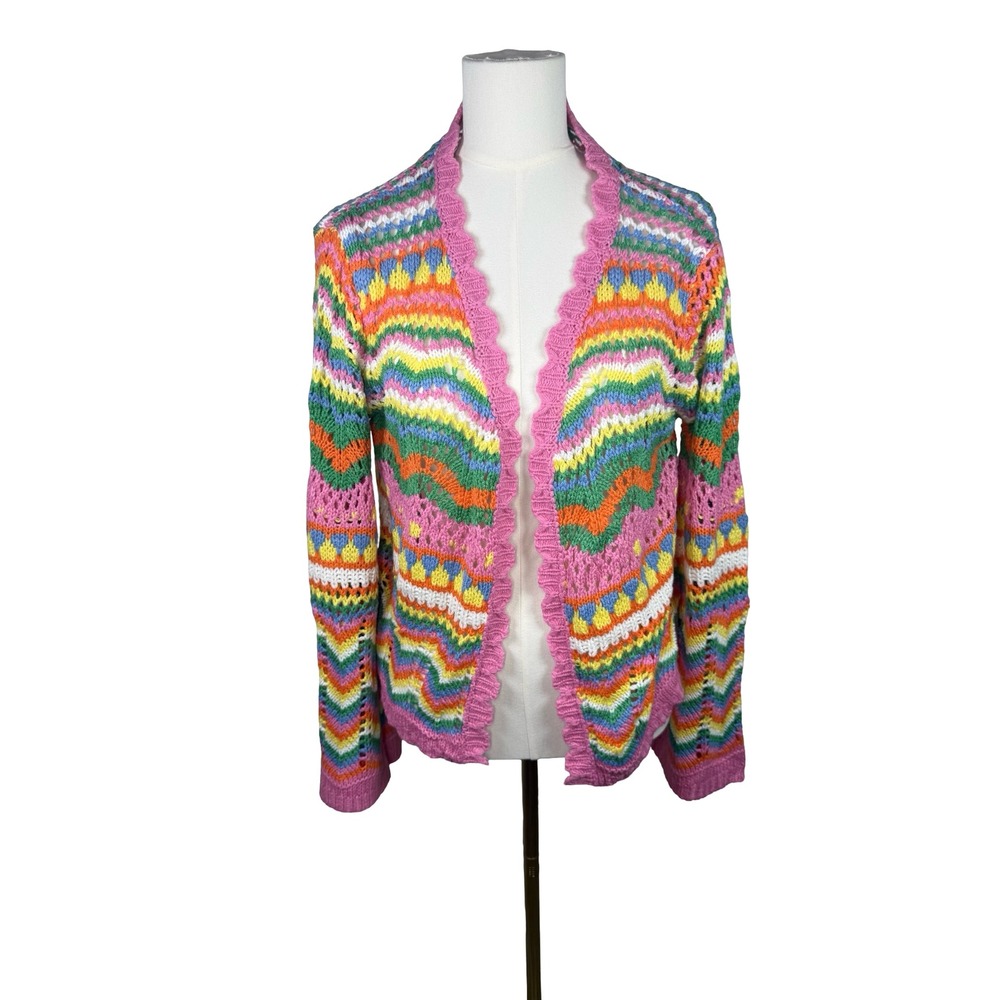 Cottagecore Rainbow Knit Ruffle Cardigan‎ Bell Sleeve Festival Boho M Colorfuk